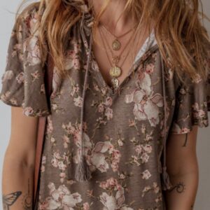 Khaki Retro Floral Print Tassel Tie Split Neck Short Sleeve Blouse