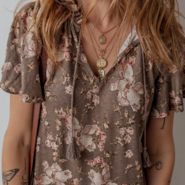 Khaki Retro Floral Print Tassel Tie Split Neck Short Sleeve Blouse