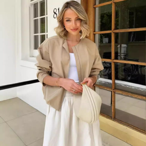 Zipped Round Neck Cargo Pocket Baggy Coat Women - Image 2