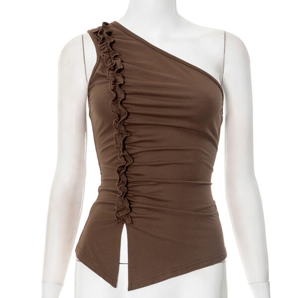 One-shoulder Pleated Lace T-shirt Top - Image 6