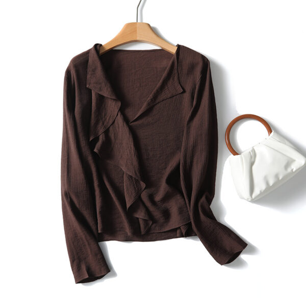 French Lightly Mature Ruffled V-neck Long Sleeve Shirt - Image 2