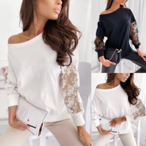 Solid Color Lace Stitching Long Sleeve T-shirt