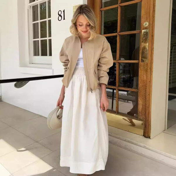 Zipped Round Neck Cargo Pocket Baggy Coat Women - Image 3
