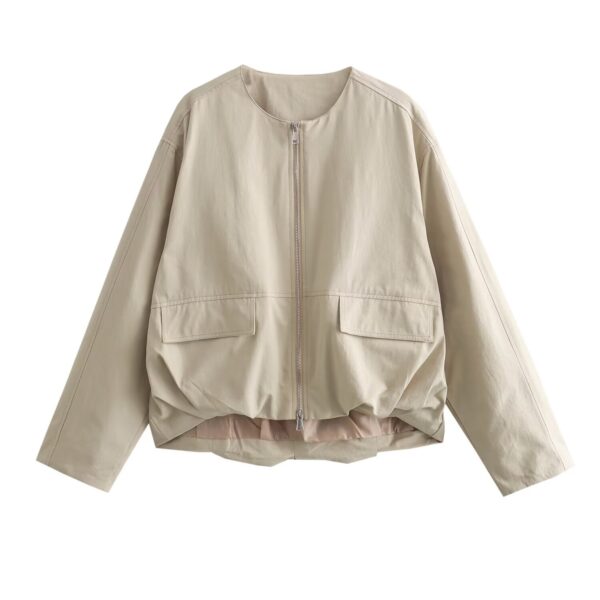 Zipped Round Neck Cargo Pocket Baggy Coat Women - Image 5