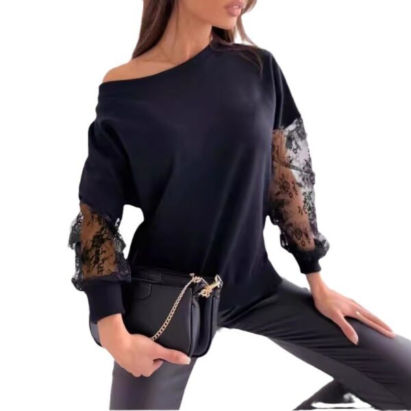 Solid Color Lace Stitching Long Sleeve T-shirt - Image 5