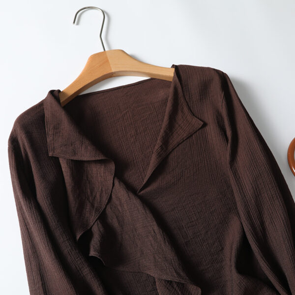 French Lightly Mature Ruffled V-neck Long Sleeve Shirt - Image 3
