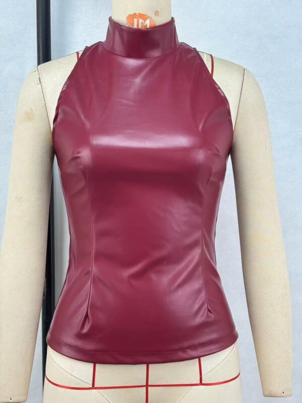 PU Leather Slim-fit Slimming Half Turtleneck Sleeveless Vest - Image 6