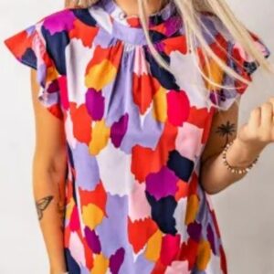 Fiery Red Ruffle Cap Sleeve Frill Mock Neck Printed Top