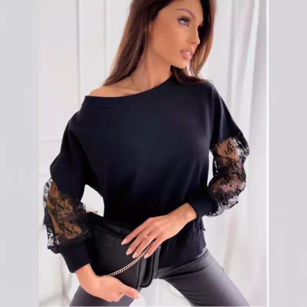 Solid Color Lace Stitching Long Sleeve T-shirt - Image 4
