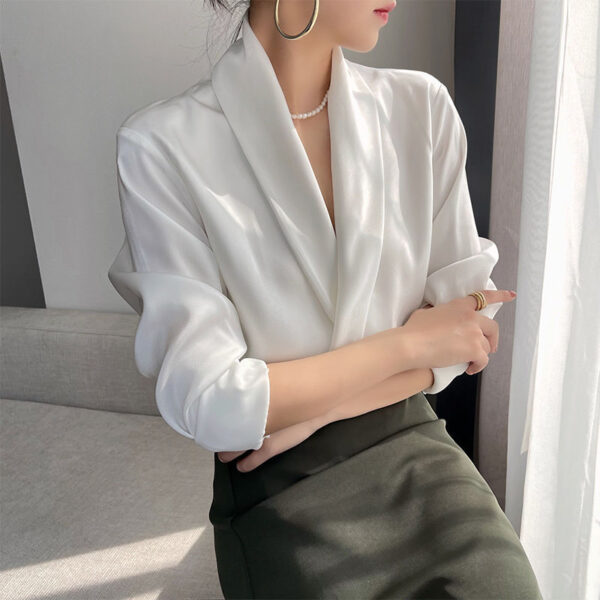 Satin Draping Shirt High Class Elegant White Shirt Top - Image 3