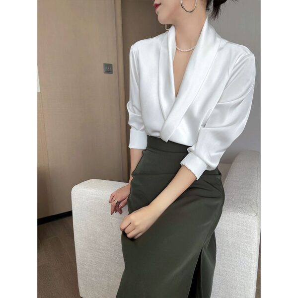 Satin Draping Shirt High Class Elegant White Shirt Top - Image 4