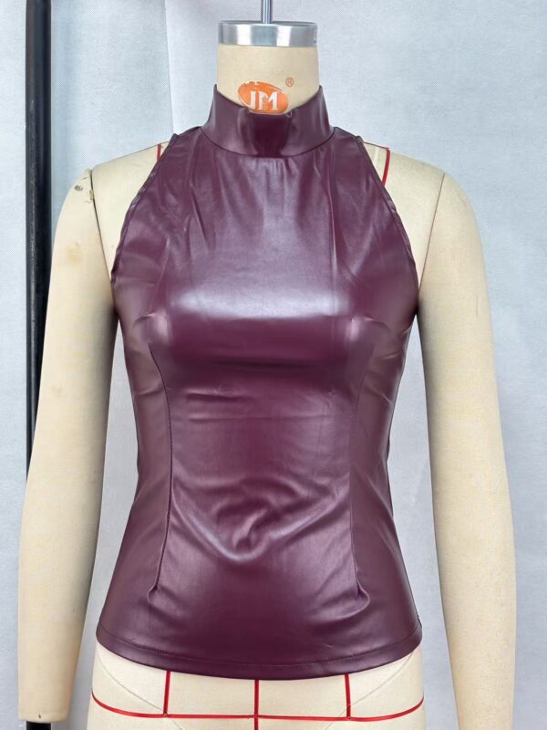 PU Leather Slim-fit Slimming Half Turtleneck Sleeveless Vest - Image 7