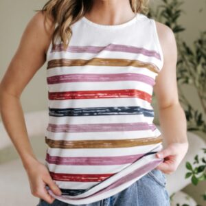 Red Stripe Rainbow Round Neck Tank Top