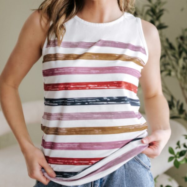 Red Stripe Rainbow Round Neck Tank Top