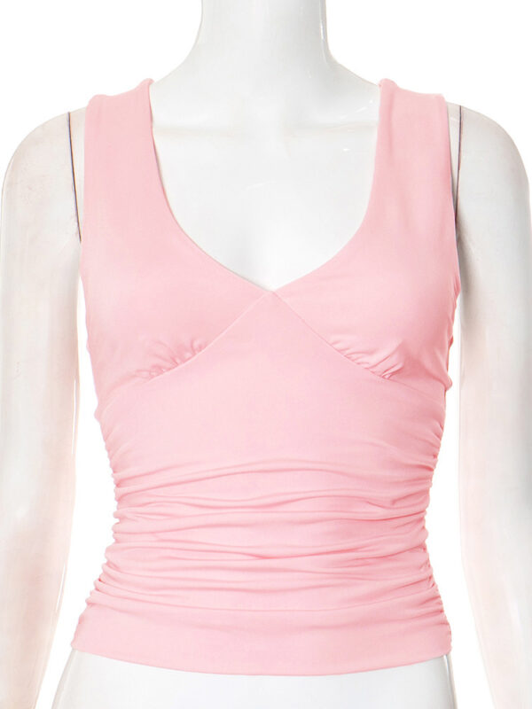 European And American Solid Color And V-neck Pleated Sexy Vest Top For Women - Image 6