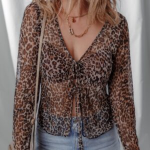Multicolour Leopard Sheer Mesh Long Sleeve V Neck Lace-up Blouse