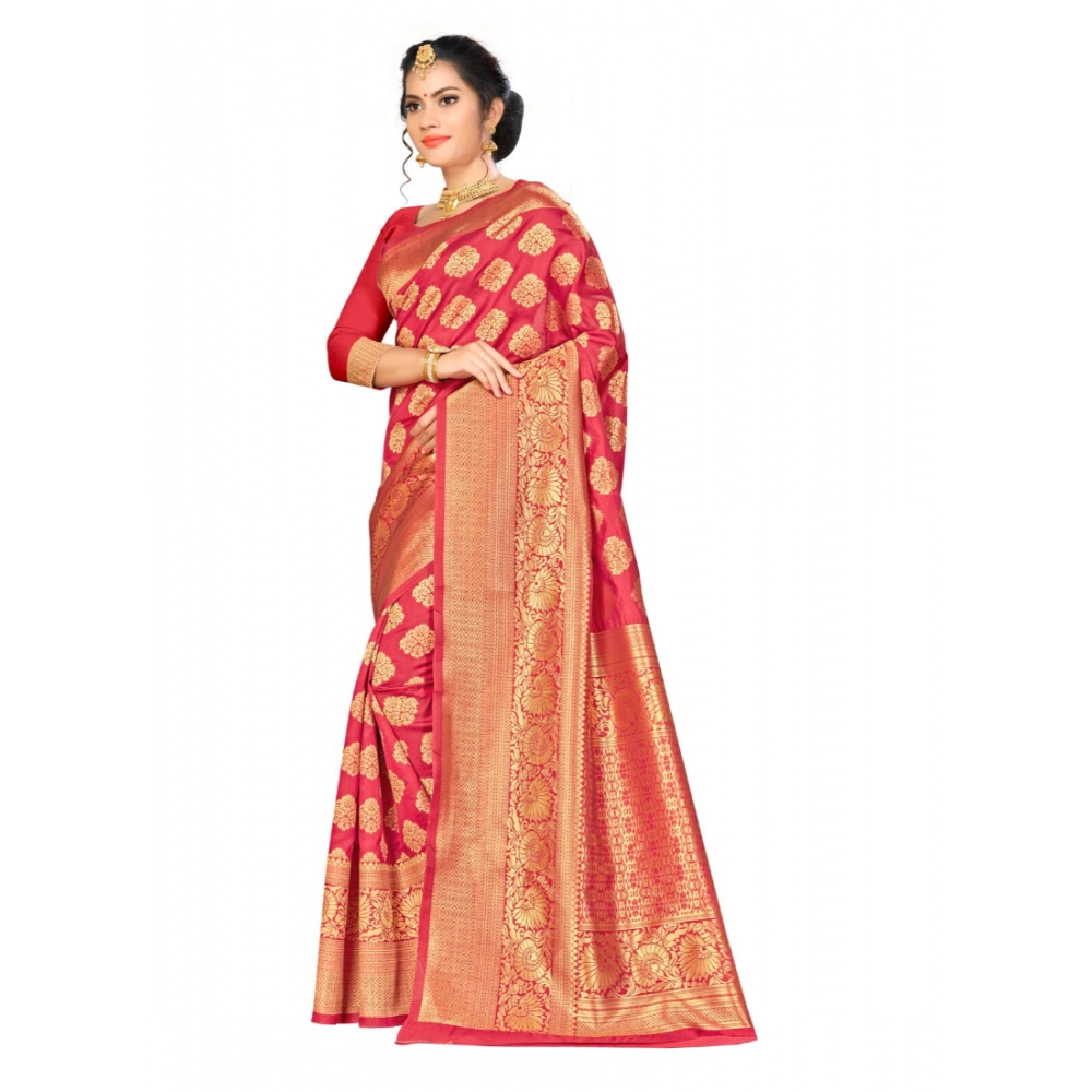 Generic Women's Banarasi silk Saree with Blouse (Red, 5-6mtr) - Image 3