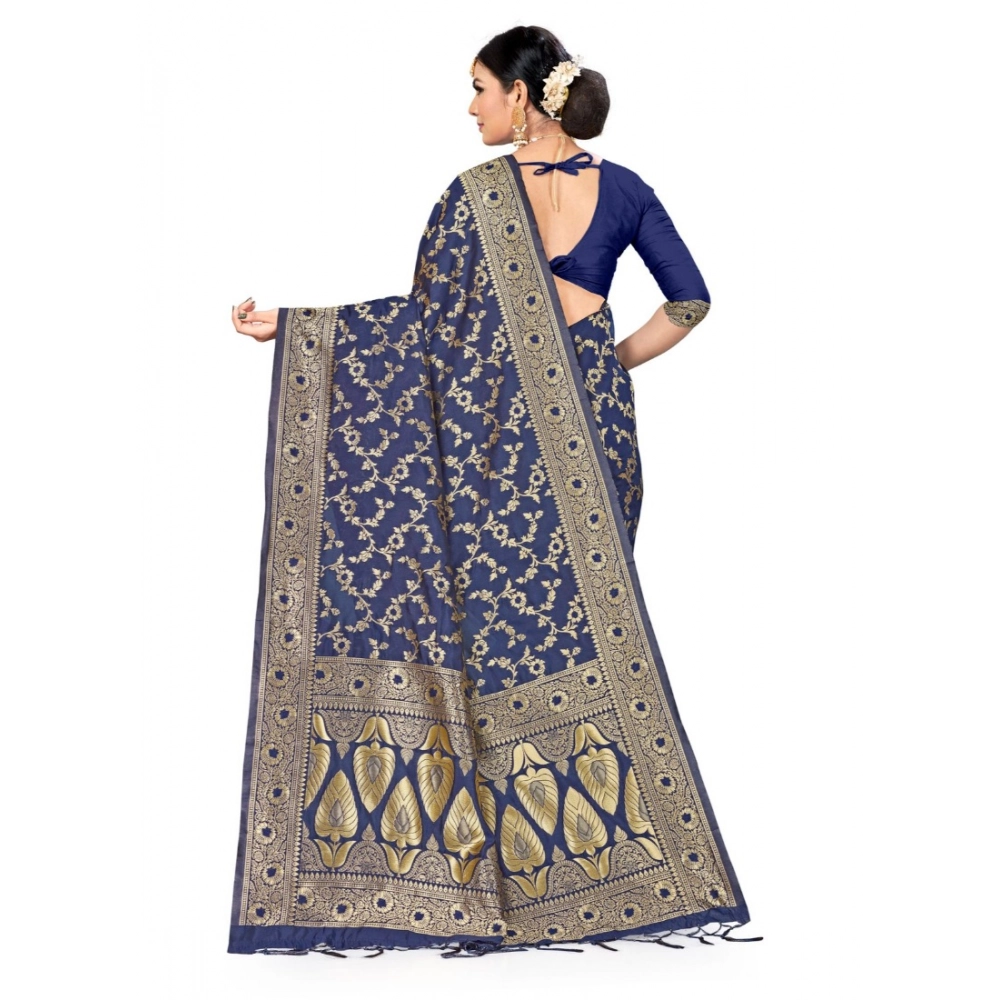 Generic Women's Banarasi Silk Saree (Neavy blue, 5-6mtrs) - Image 2