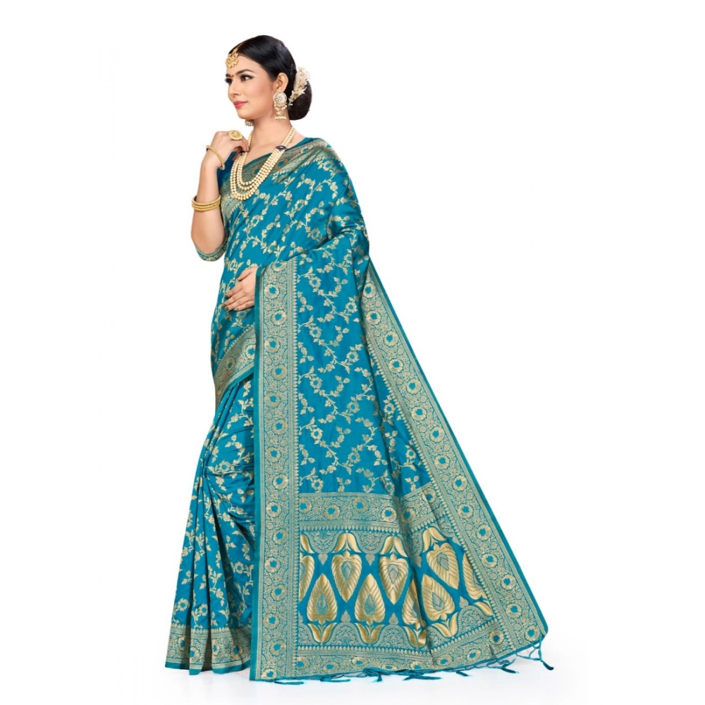 Generic Women's Banarasi Silk Saree (Sky blue, 5-6mtrs) - Image 3