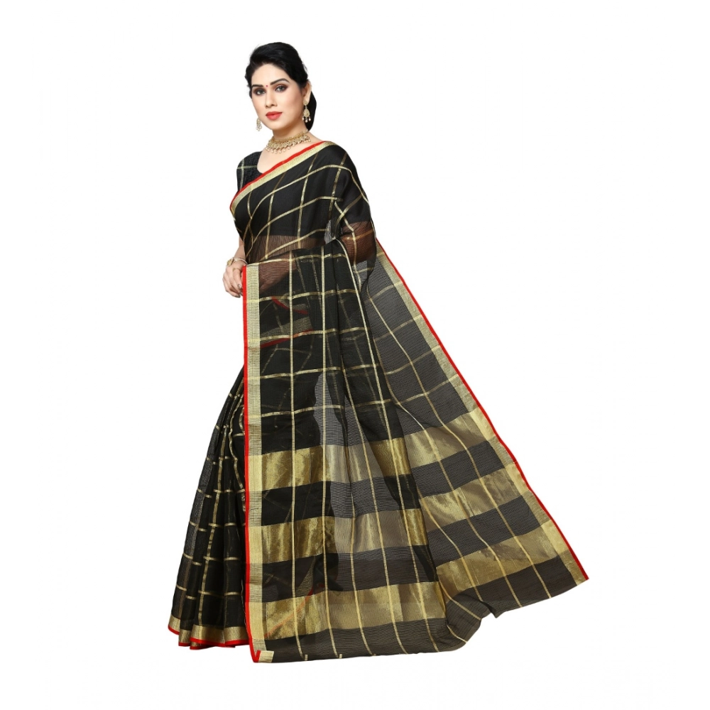 Generic Women's Kota Doria Cotton Saree With Blouse (Black,6-3 Mtrs) - Image 3