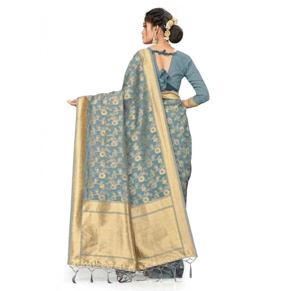 Generic Women's Banarasi (Spun Cotton) Saree (Grey,5-6 Mtrs) - Image 2