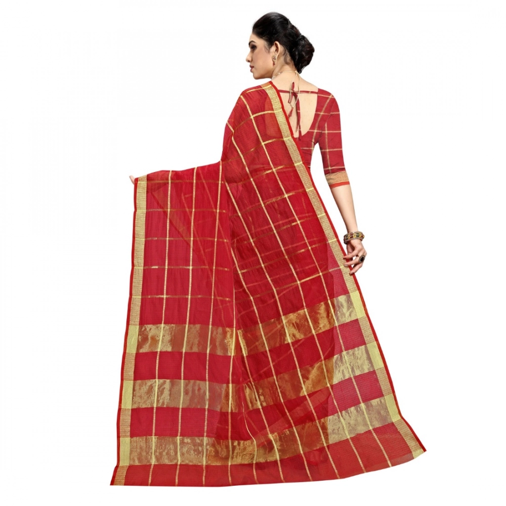 Generic Women's Kota Doria Cotton Checked Saree With Blouse (Red, 5-6 Mtrs) - Image 3