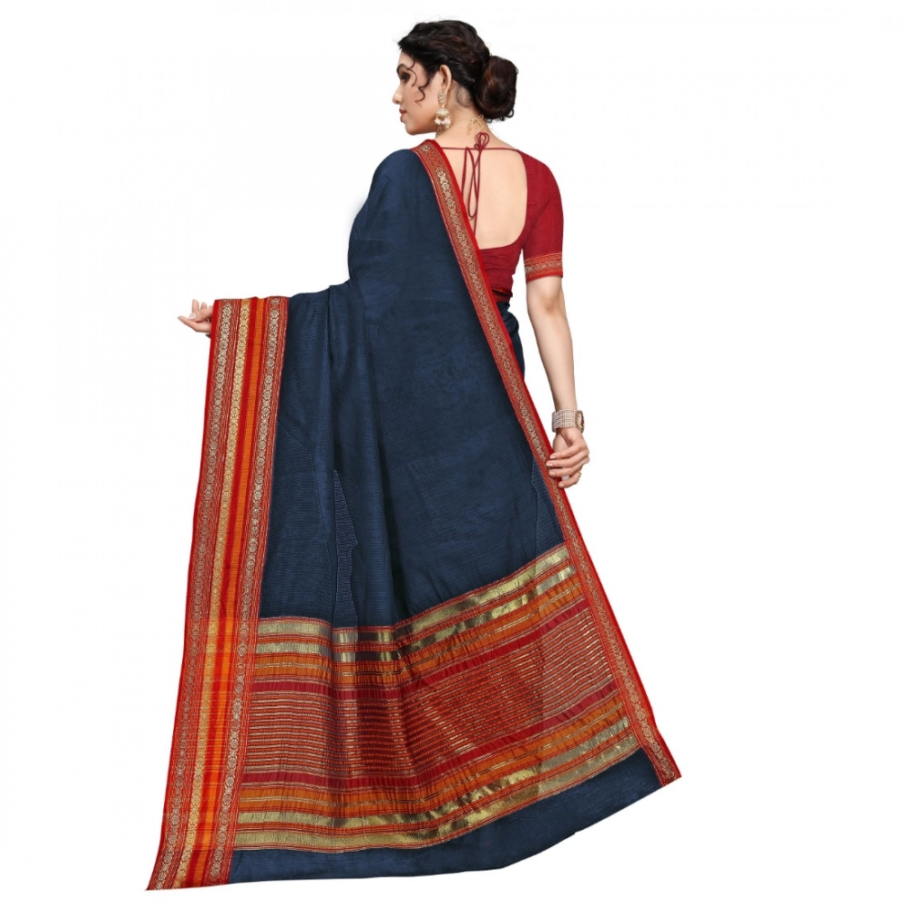 Generic Women's Kota Doria Cotton Bordered Saree With Blouse (Navy Blue, 5-6 Mtrs) - Image 2