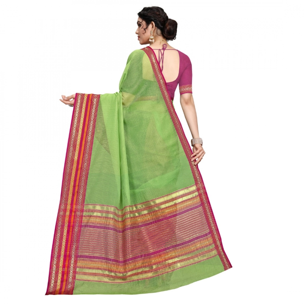 Generic Women's Kota Doria Cotton Bordered Saree With Blouse (Light Green, 5-6 Mtrs) - Image 2