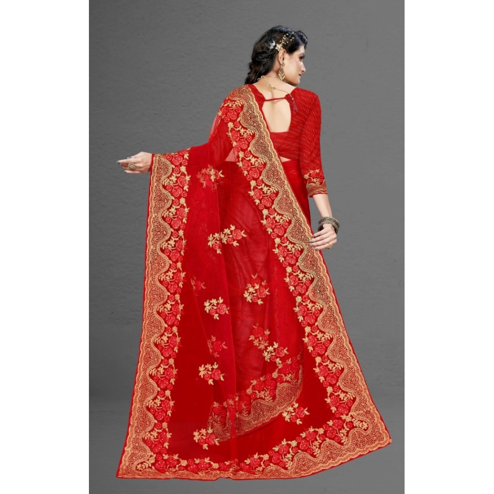 Generic Women's Net Saree With Blouse (Red, 5-6Mtrs) - Image 2