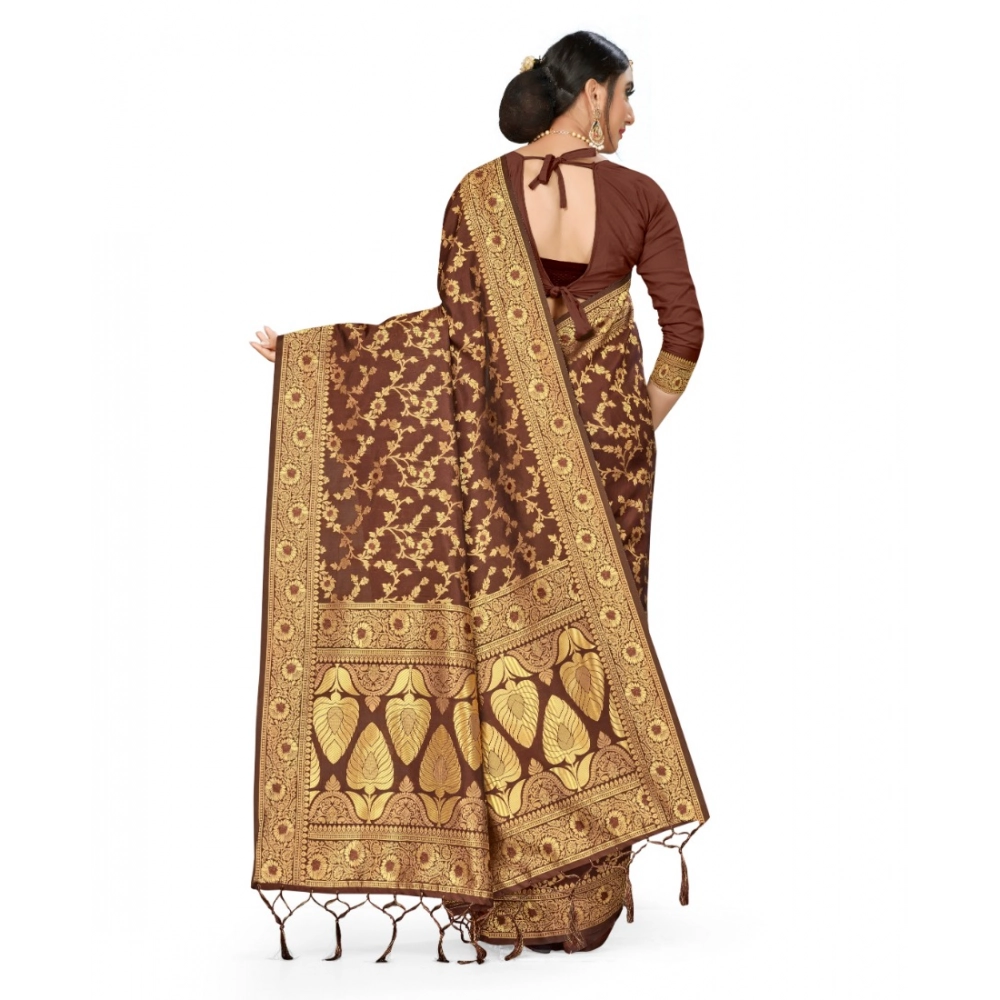 Generic Women's Banarasi Silk Saree With Blouse (Coffee, 5-6Mtrs) - Image 2