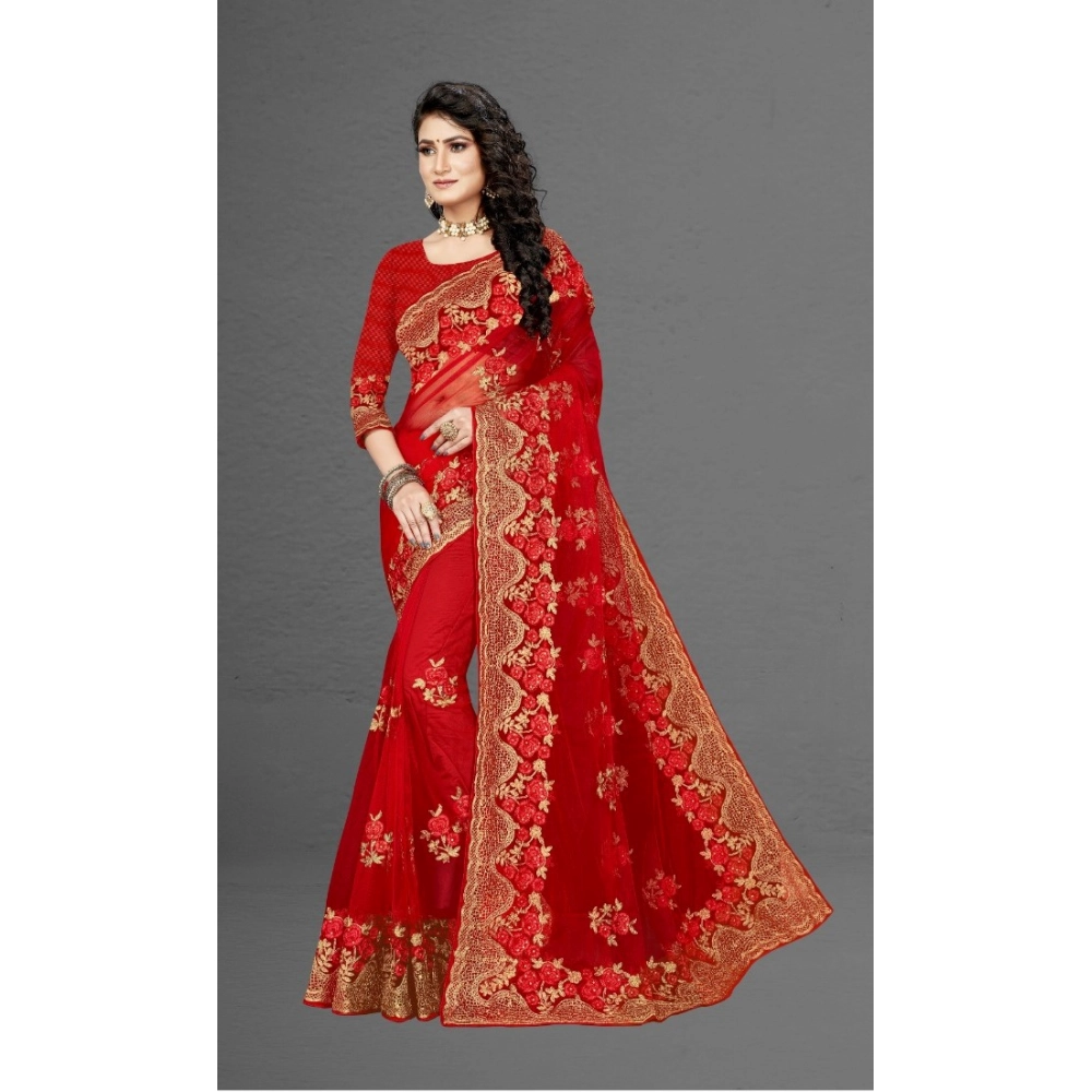 Generic Women's Net Saree With Blouse (Red, 5-6Mtrs) - Image 5