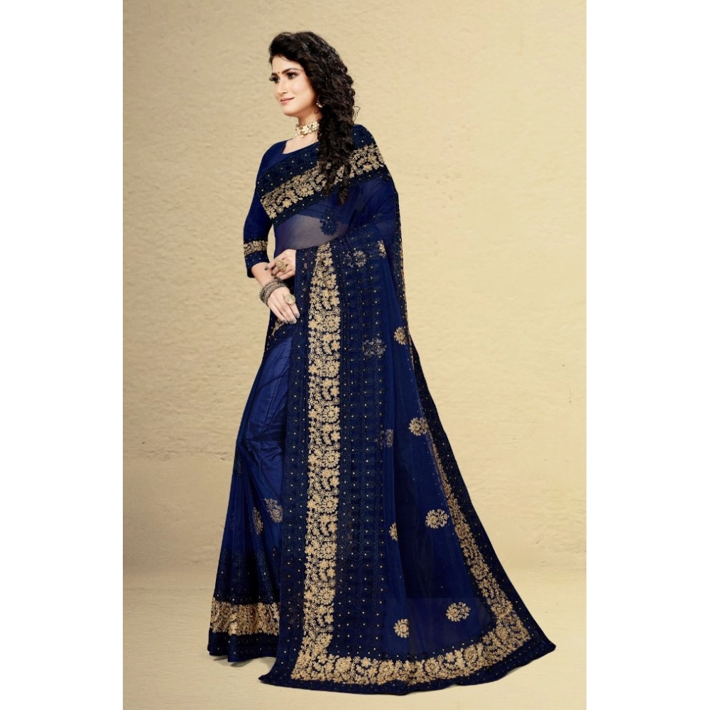 Generic Women's Net Saree With Blouse (Navy Blue, 5-6Mtrs) - Image 4