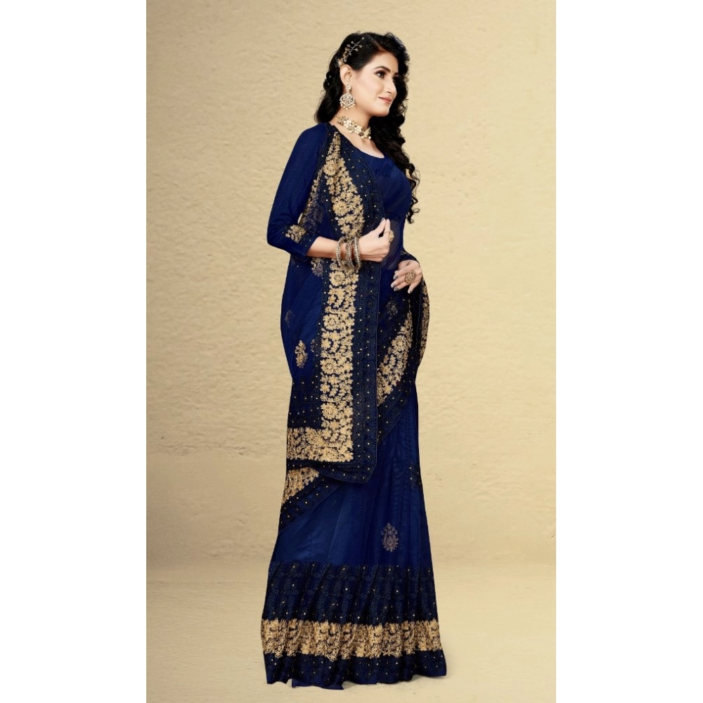 Generic Women's Net Saree With Blouse (Navy Blue, 5-6Mtrs) - Image 3