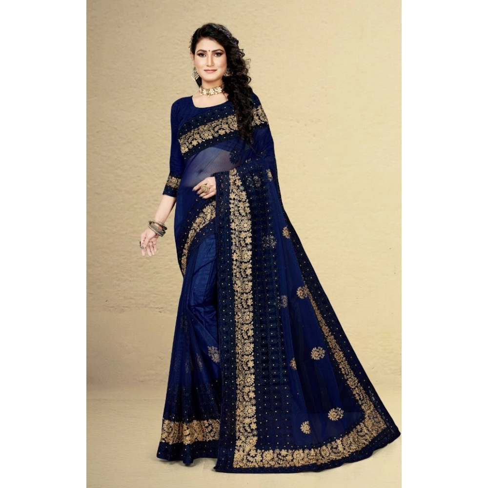 Generic Women's Net Saree With Blouse (Navy Blue, 5-6Mtrs) - Image 5