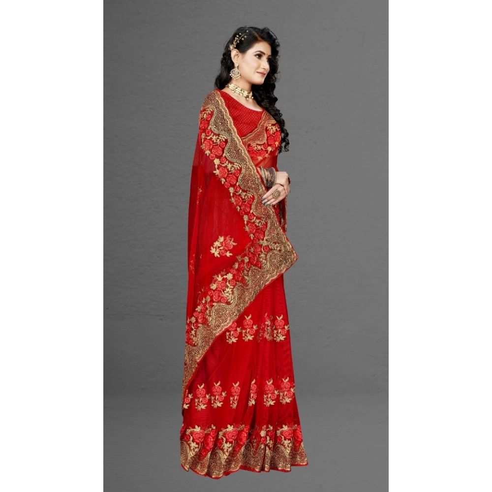 Generic Women's Net Saree With Blouse (Red, 5-6Mtrs) - Image 3