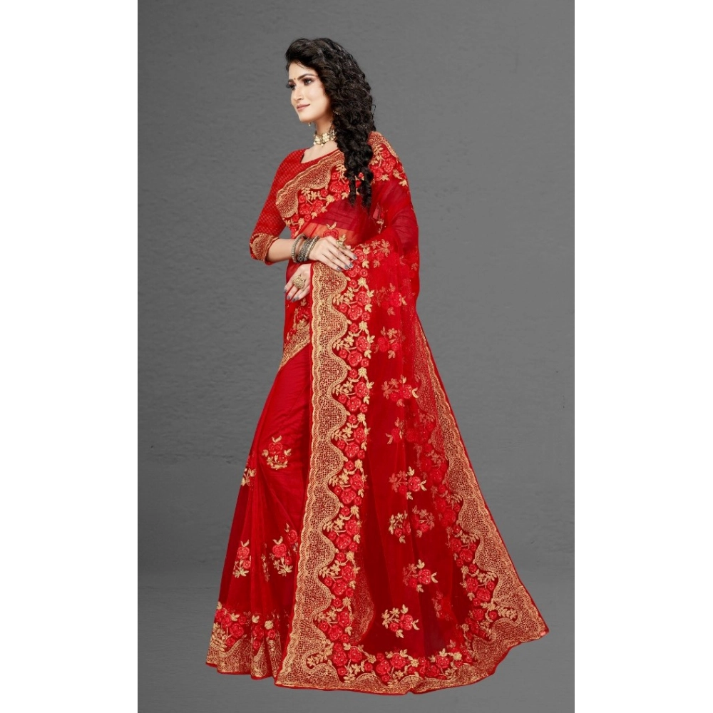 Generic Women's Net Saree With Blouse (Red, 5-6Mtrs) - Image 4