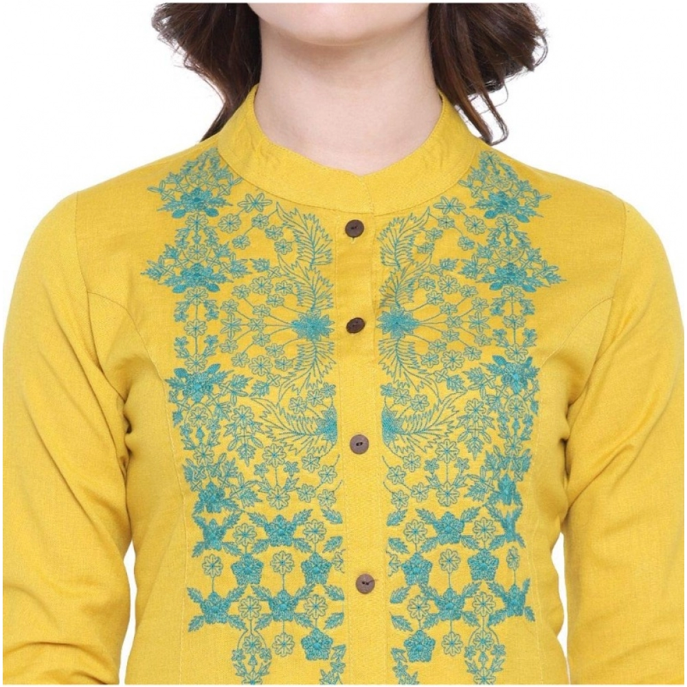 Generic Women's Khadi Embroidered Kurti (Yellow, Khadi) - Image 2