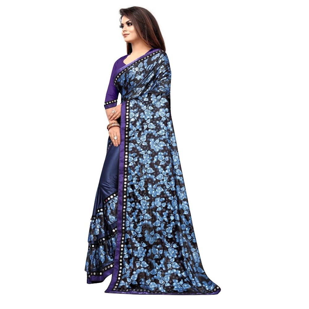 Generic Women's Lycra Blend Saree with Blouse (Blue, 5-6 Mtrs) - Image 3