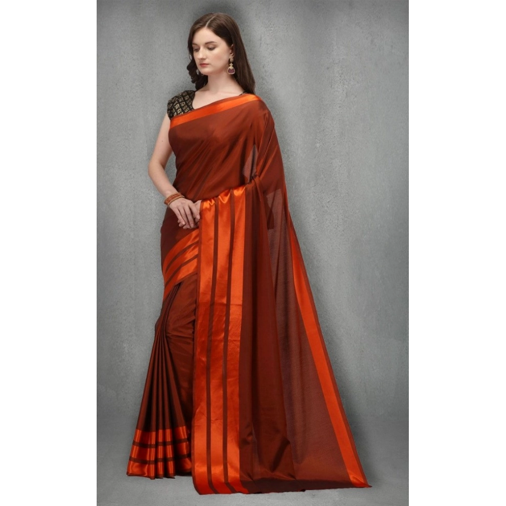 Generic Women's Satin Silk Saree with Blouse (Orange, 5-6 Mtrs) - Image 3