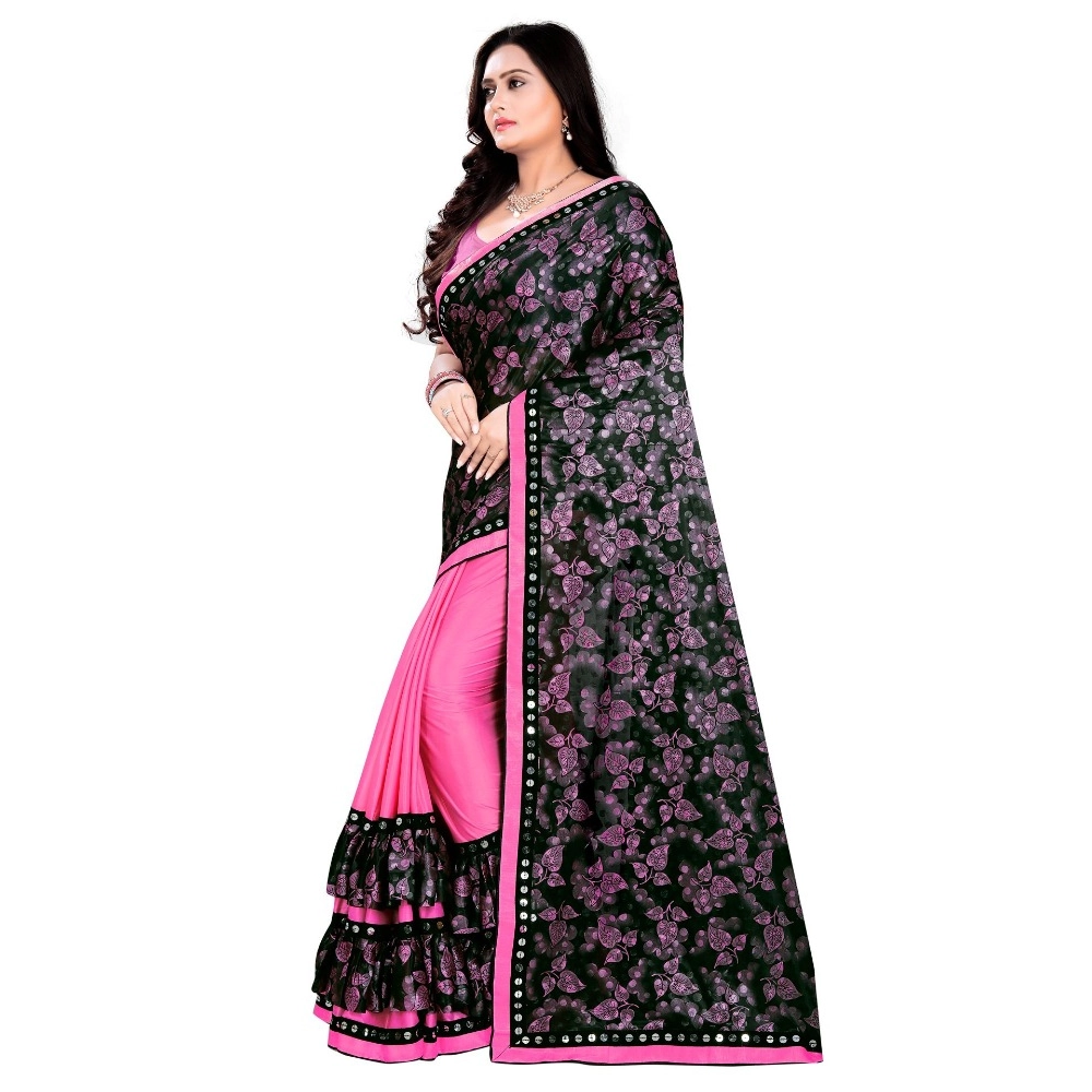 Generic Women's Lycra Blend Saree with Blouse (Pink, 5-6 Mtrs) - Image 3