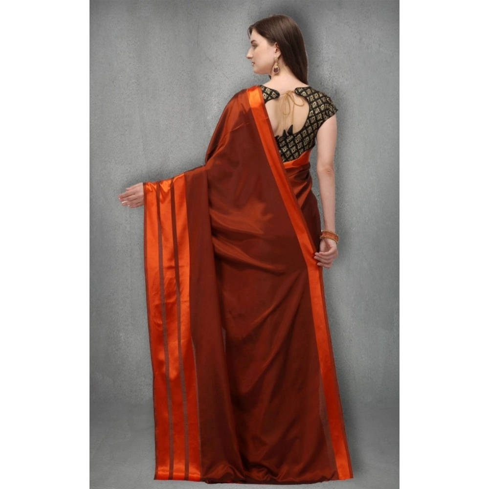 Generic Women's Satin Silk Saree with Blouse (Orange, 5-6 Mtrs) - Image 2