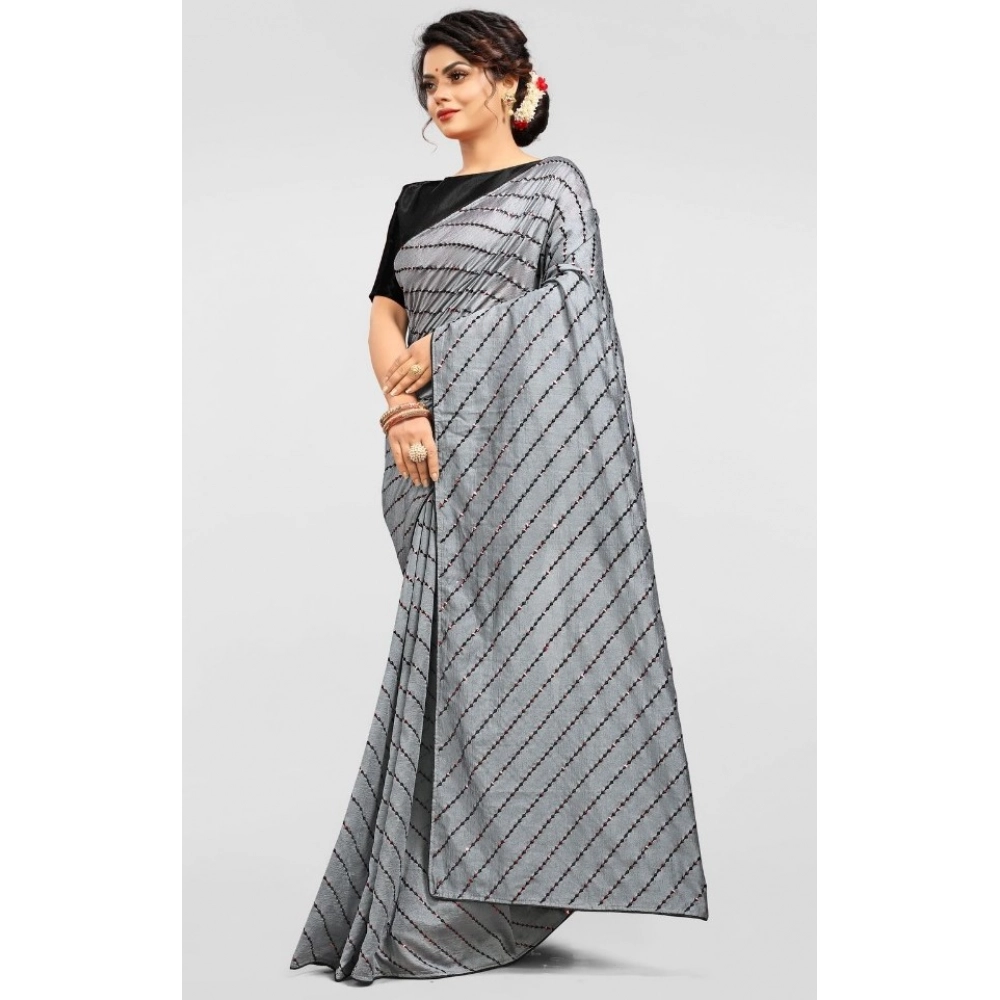 Generic Women's Vichitra Saree with Blouse (Grey, 5-6 Mtrs) - Image 3