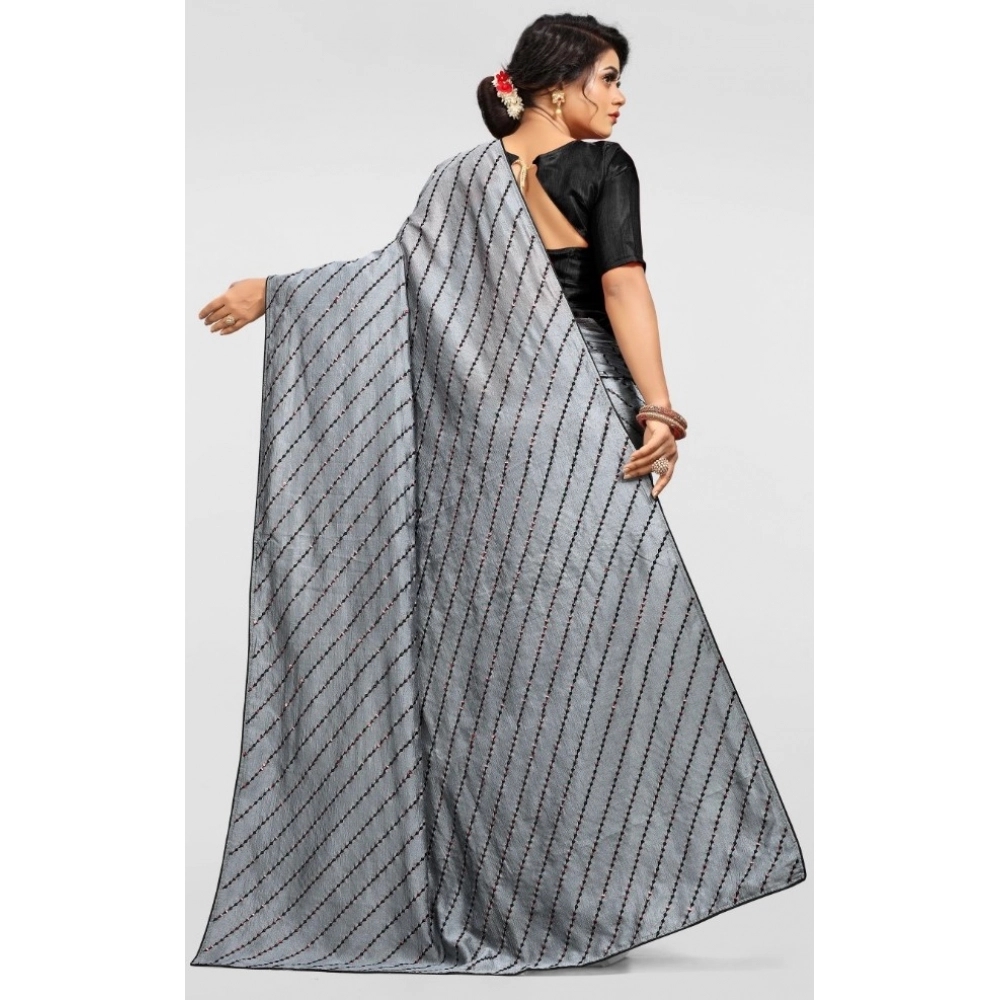 Generic Women's Vichitra Saree with Blouse (Grey, 5-6 Mtrs) - Image 2