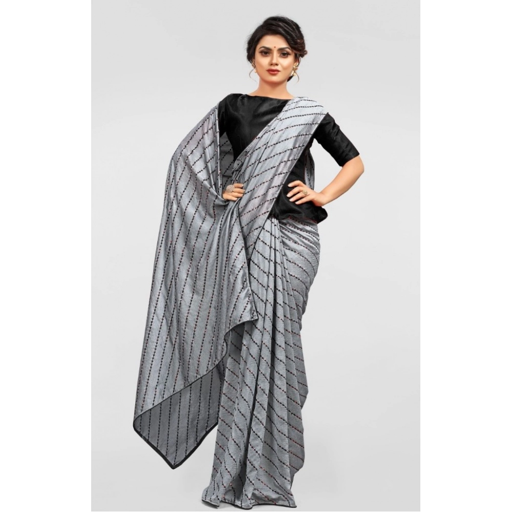 Generic Women's Vichitra Saree with Blouse (Grey, 5-6 Mtrs) - Image 4
