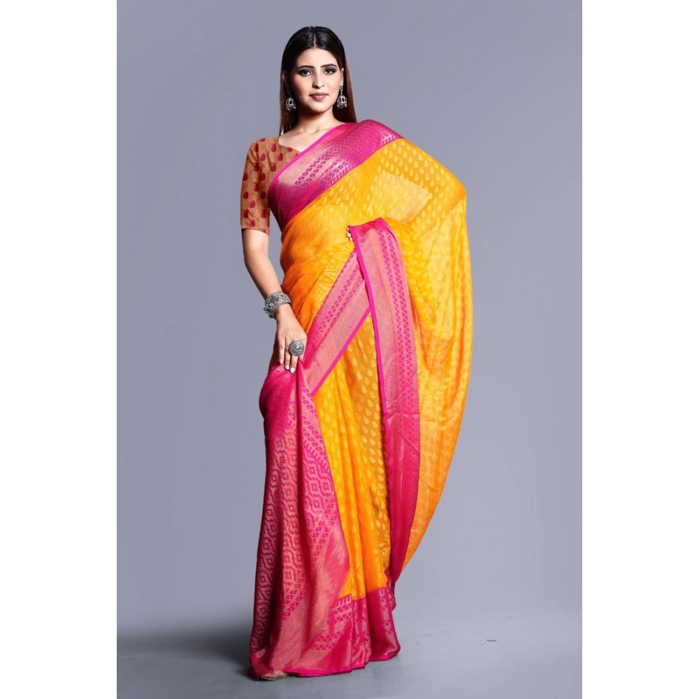 Generic Women's Viscose Rayon Printed Saree With Unstitched Blouse (Yellow) - Image 3