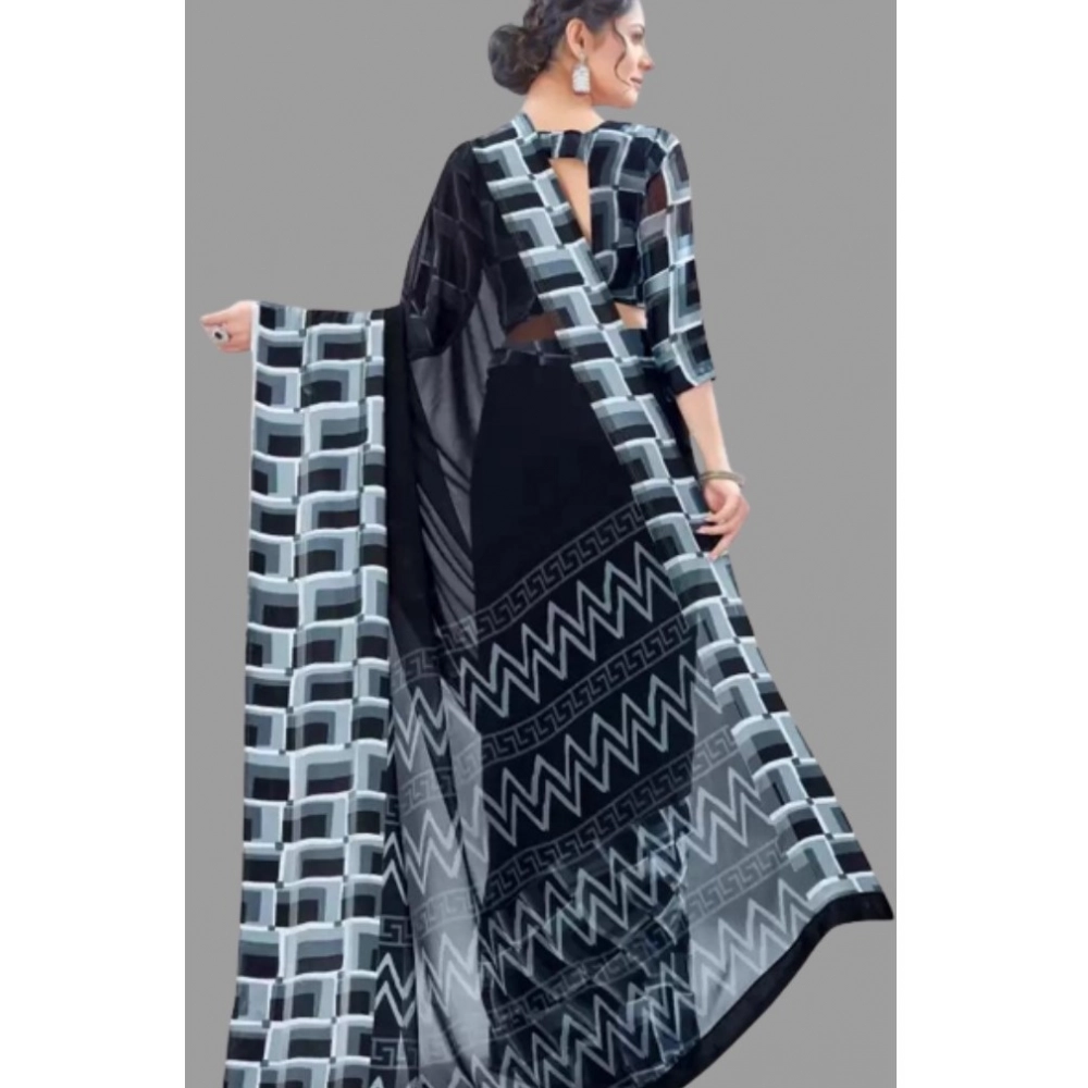 Generic Women's Satin Patta Printed Saree With Unstitched Blouse (Black) - Image 3