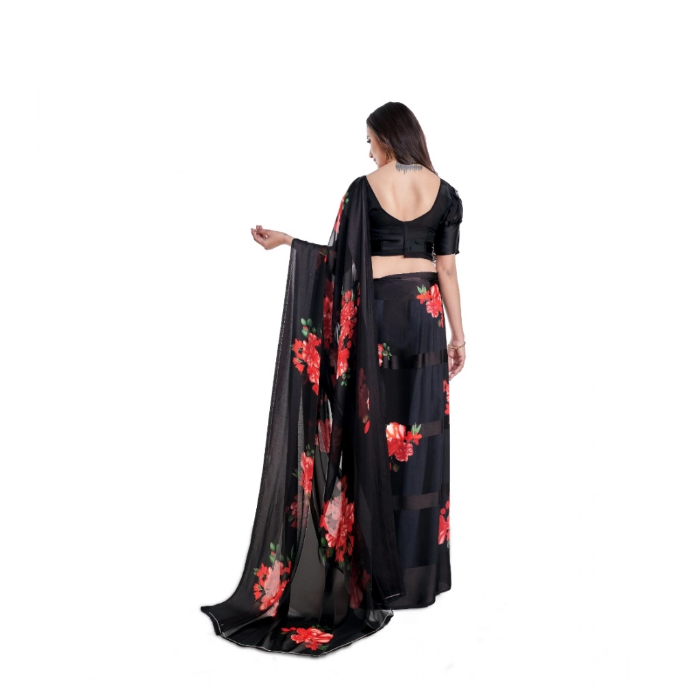 Generic Women's Satin Patta Printed Saree With Unstitched Blouse (Red) - Image 2