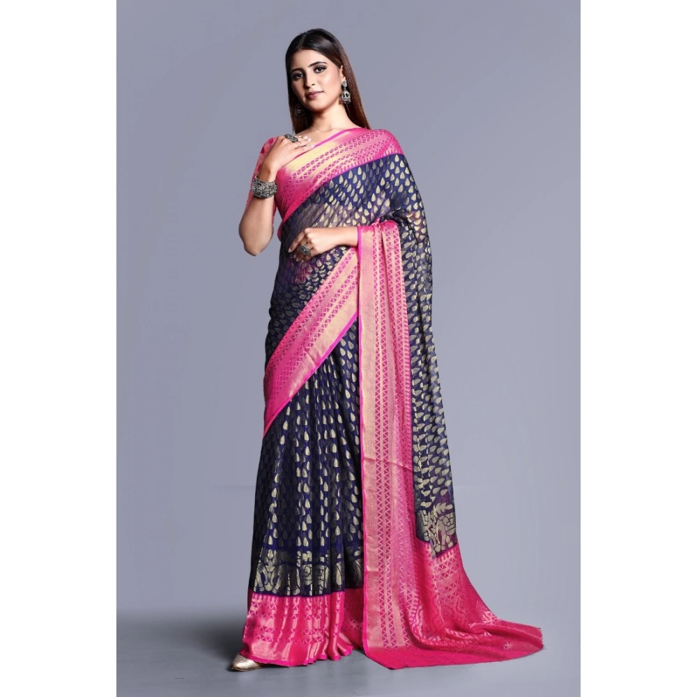 Generic Women's Viscose Rayon Printed Saree With Unstitched Blouse (Navy Blue) - Image 3