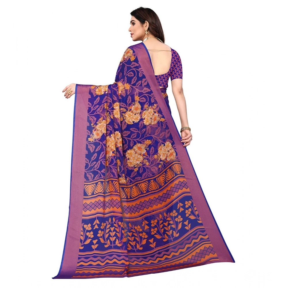 Generic Women's Viscose Rayon Printed Saree With Unstitched Blouse (Blue) - Image 2