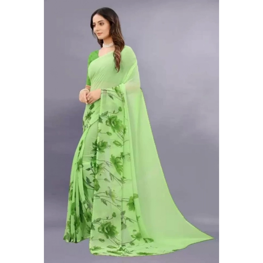 Generic Women's Georgette Printed Saree With Unstitched Blouse (Green) - Image 2